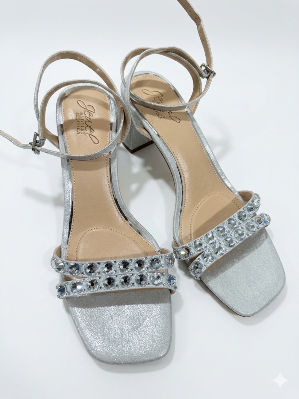 JEWEL Badgley Mischka Silver Glitter Crystal Block Heels Sz 9